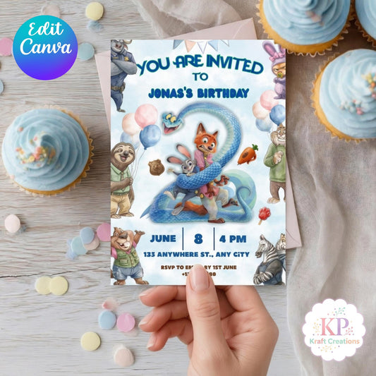 Editable Zoo topia Birthday Invitation Canva Template, Zoo Animal Party Invite, Kids Cartoon Birthday Invitation, Digital Download