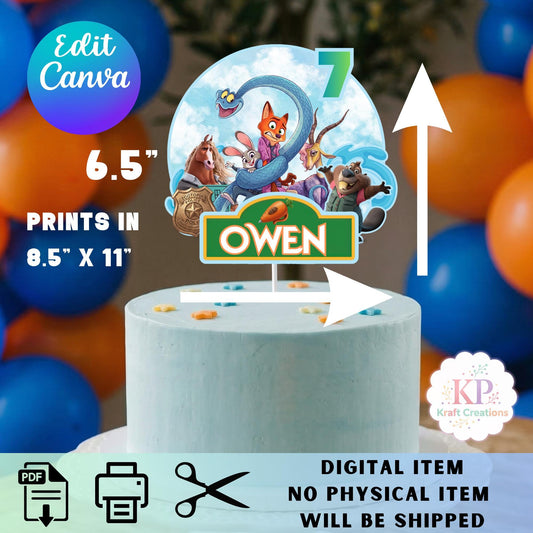 Editable Zoo topia Cake Topper, Personalized Birthday Party Decor, Digital Printable Canva Template, Custom Name and Age Topper, DIY