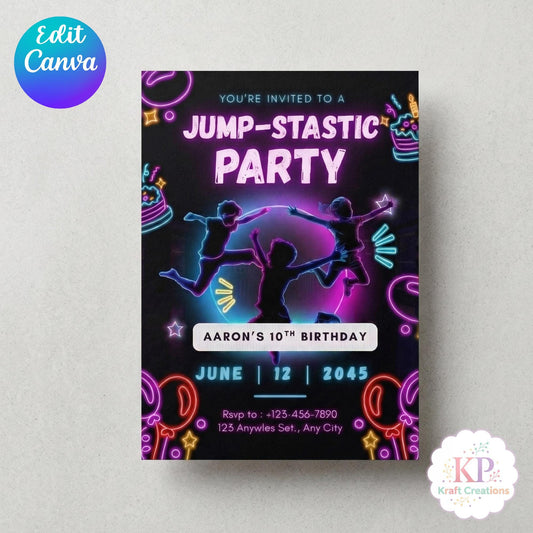 Jump Party Invitation Editable Canva Template, Trampoline Birthday Invite, Neon Glow Party Invite, Kids Jump & Flip Party Invitation