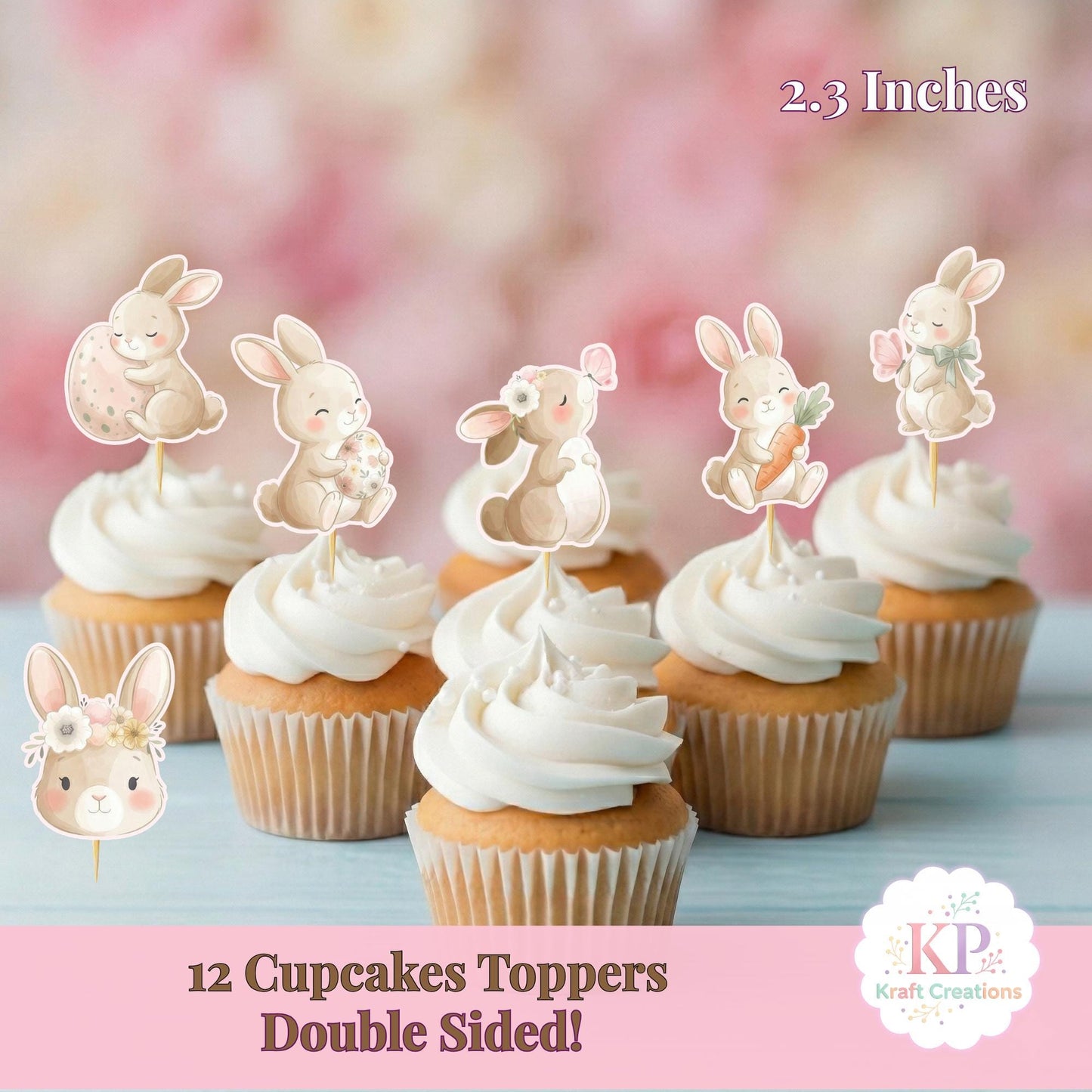 Bunny Cupcake Toppers, Easter Party Decorations, Neutral Woodland Animal Baby Shower, Set of 12 Double Sided Spring Birthday Cake Picks