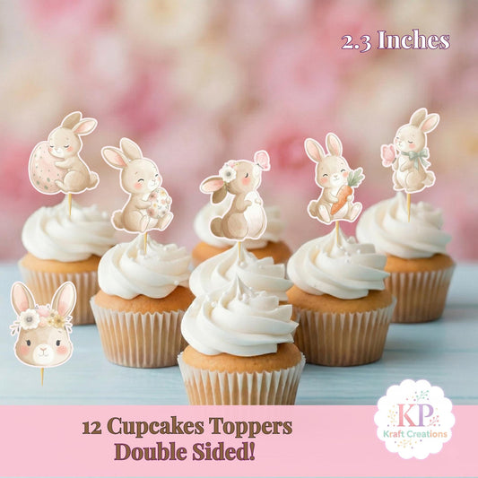 Bunny Cupcake Toppers, Easter Party Decorations, Neutral Woodland Animal Baby Shower, Set of 12 Double Sided Spring Birthday Cake Picks