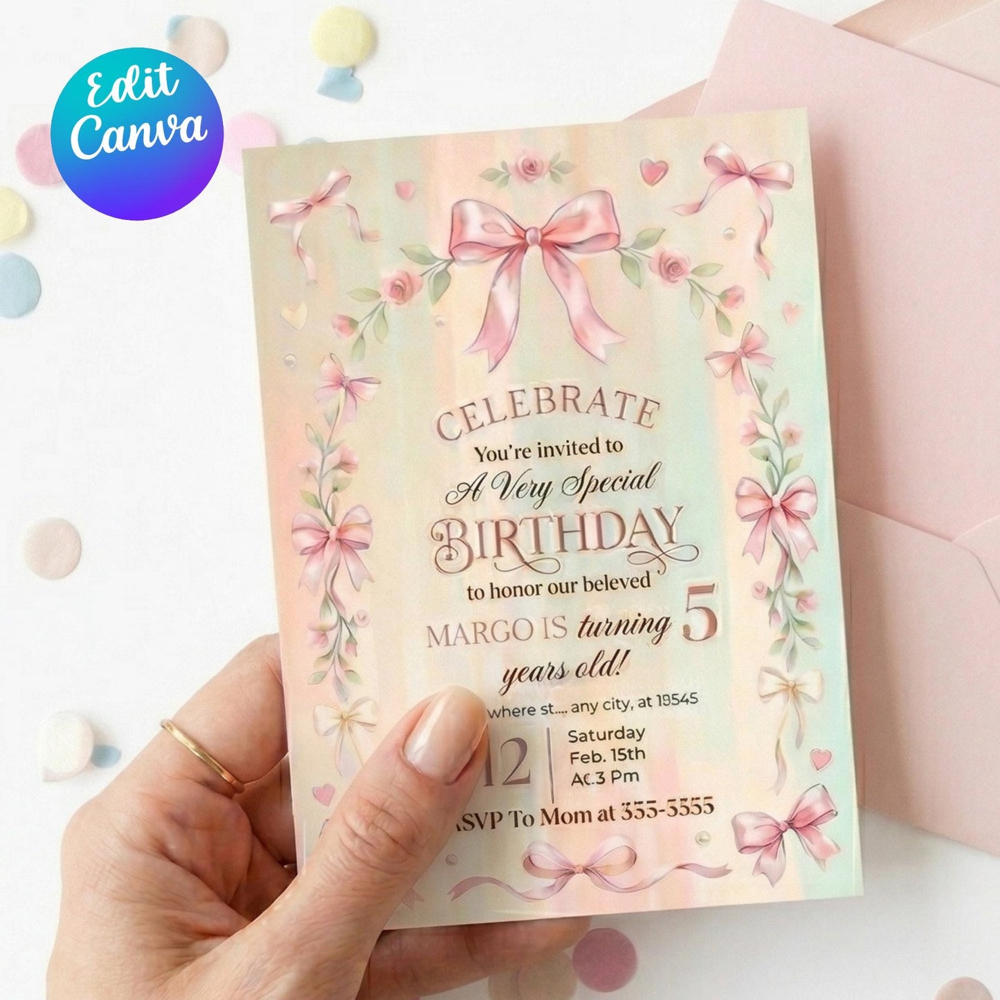 Coquette Birthday Invitation Editable Canva Template, Pink Bow Birthday Invite, Vintage Pastel Girl Party Invite, 5x7 Digital Download