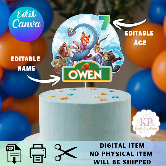 Editable Zoo topia Cake Topper, Personalized Birthday Party Decor, Digital Printable Canva Template,  Custom Name and Age Topper, DIY