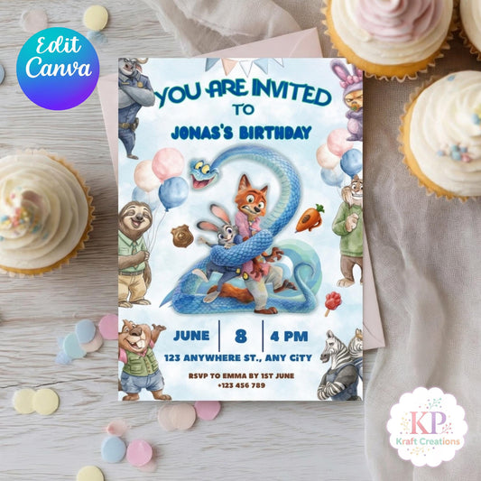 Editable Zoo topia Birthday Invitation Canva Template, Zoo Animal Party Invite, Kids Cartoon Birthday Invitation, Digital Download