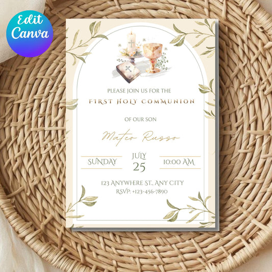 First Holy Communion Invitation Editable Canva Template, Greenery Communion Invite, Elegant Religious Invitation, Boy Communion.