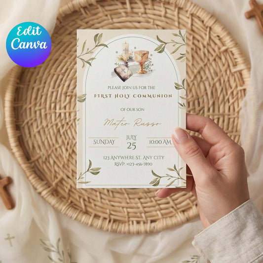 First Holy Communion Invitation Editable Canva Template, Greenery Communion Invite, Elegant Religious Invitation, Boy Communion.