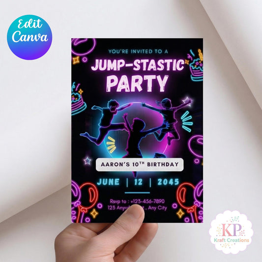 Jump Party Invitation Editable Canva Template, Trampoline Birthday Invite, Neon Glow Party Invite, Kids Jump & Flip Party Invitation